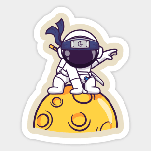 Cute Astronaut Ninja Landing On Moon Cartoon Sticker